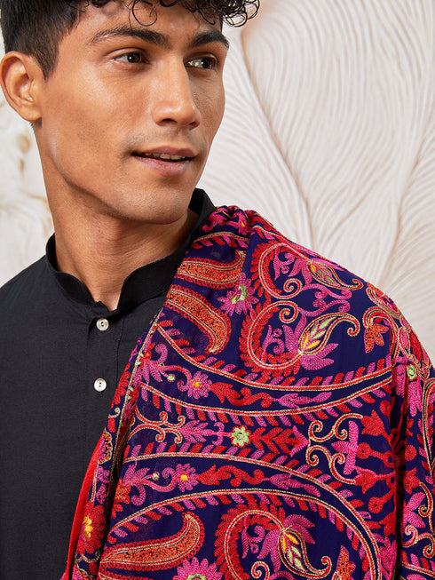 Men's Black Viscose Kurta, Patiala And Dupatta Set.
